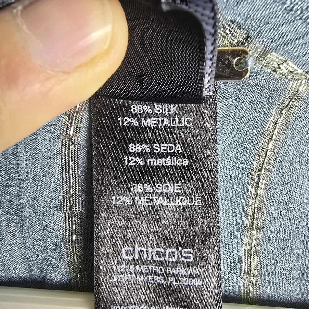 Chico's Black Label Silk Blend Metallic Blouse Blueish Grey Color Chico's Size 0 - Picture 12 of 13